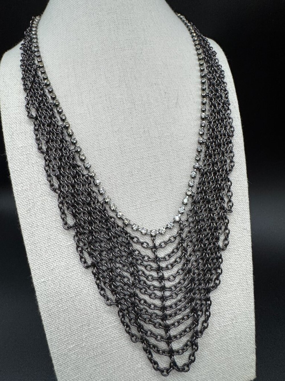 Statement Multiple Grey Chains Necklace with Clear Rhinestones